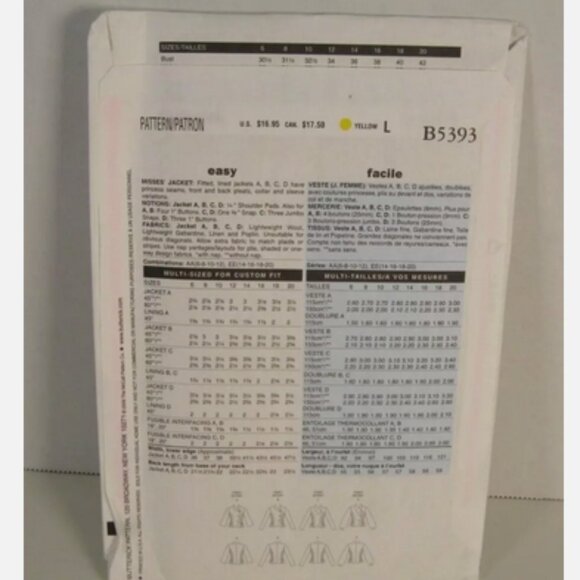 Butterick Sewing Pattern 5393 Easy Lined Fitted Jackets Sizes 6,8,10.12 UNCUT - Picture 2 of 2